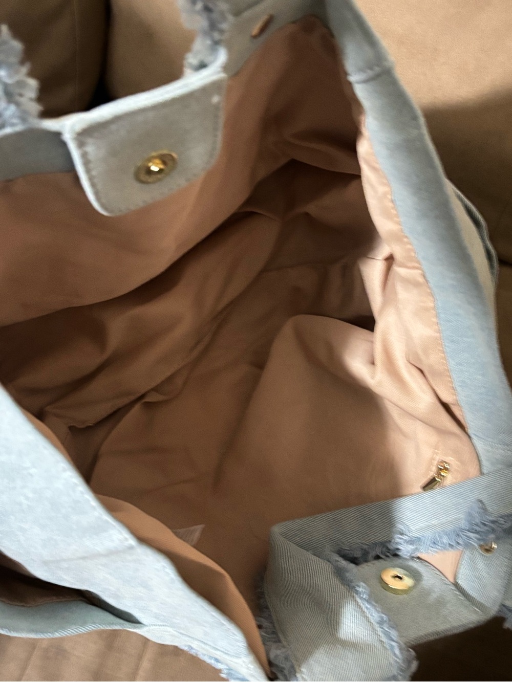 JustFab Light Blue Denim Tote with Blush Interior